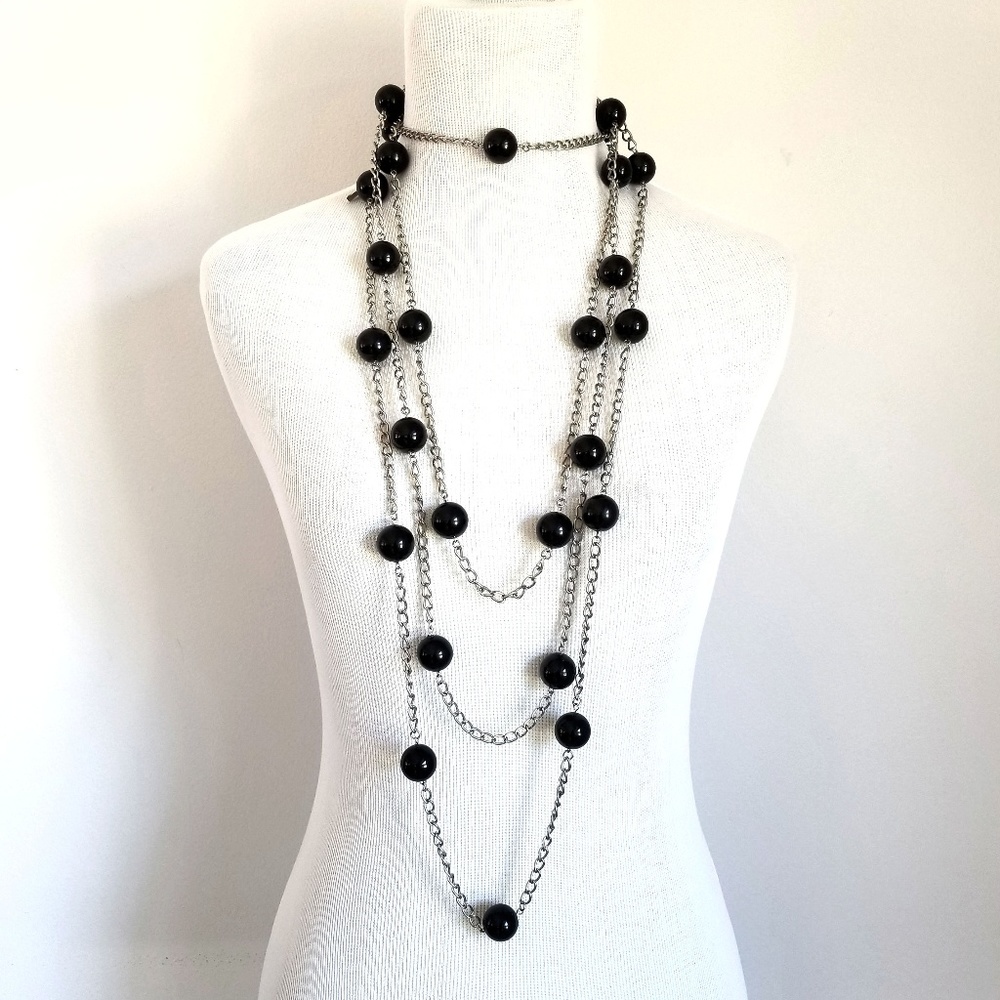 Sisley Extra Long Black and Silver Chain Necklace
